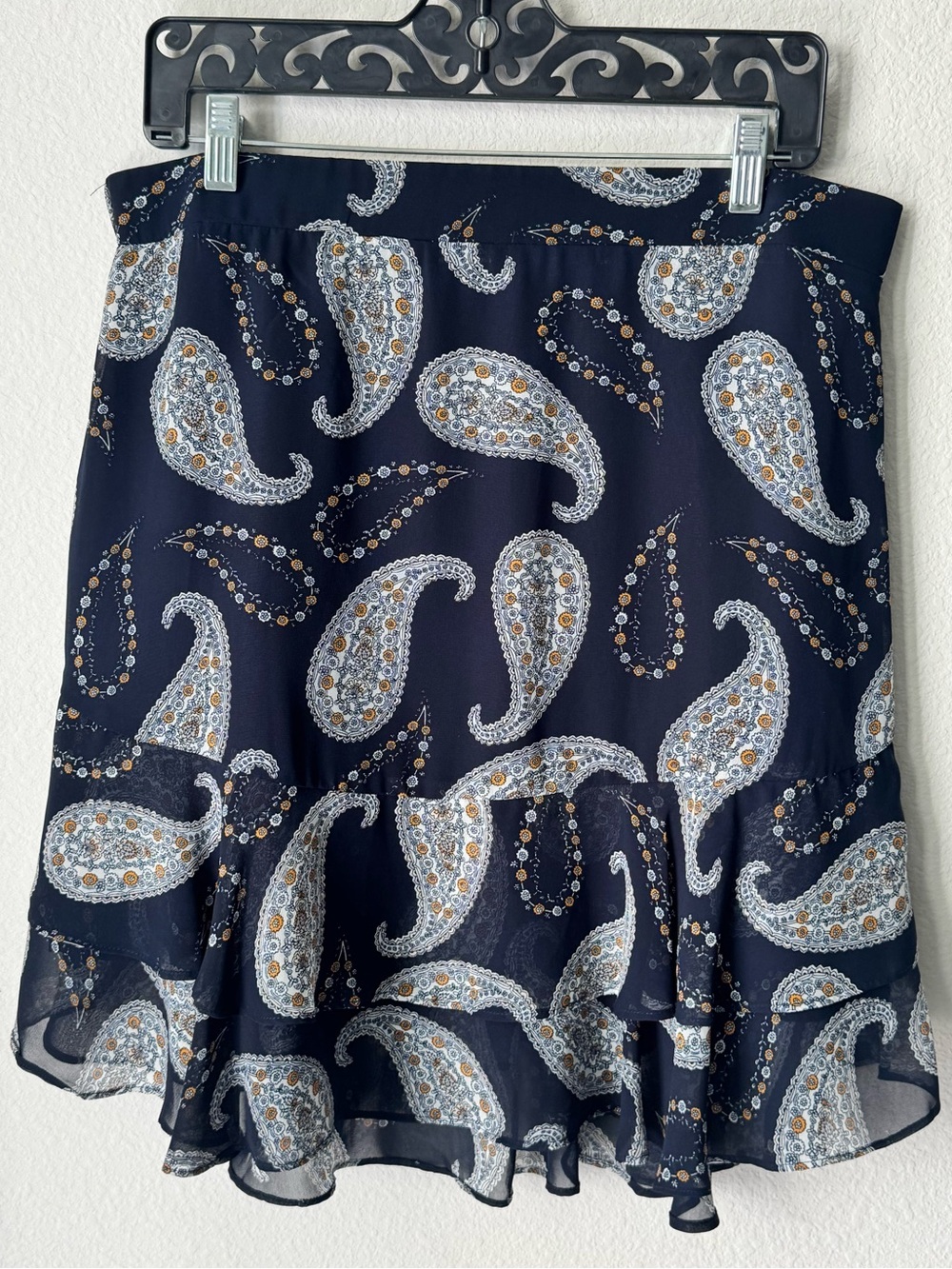 LOFT Navy Paisley Ruffle Hem Skirt with Cream and Tan Accents